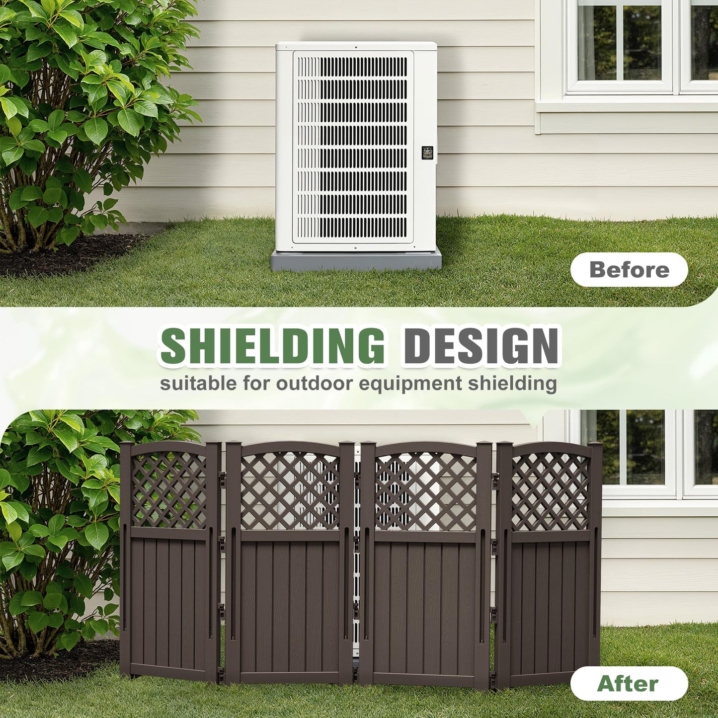 Greesum Air Conditioner Privacy Fence Screen, 4 Panels Trash Can Enclosure, 49.45" H x 22.62" W, Weather Resistant for Outdoor Pool Equipment, Garbage Bins, Brown