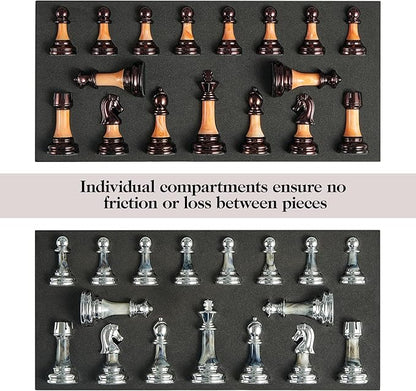 Vamslove Heavy Weighted Acrylic Chess Pieces Only with Leather Base-3.5'' King with Storage Slots-Extra 2 Queens-34 Staunton Tournament Chessmen for Chess Set or Replacement of Missing Pieces