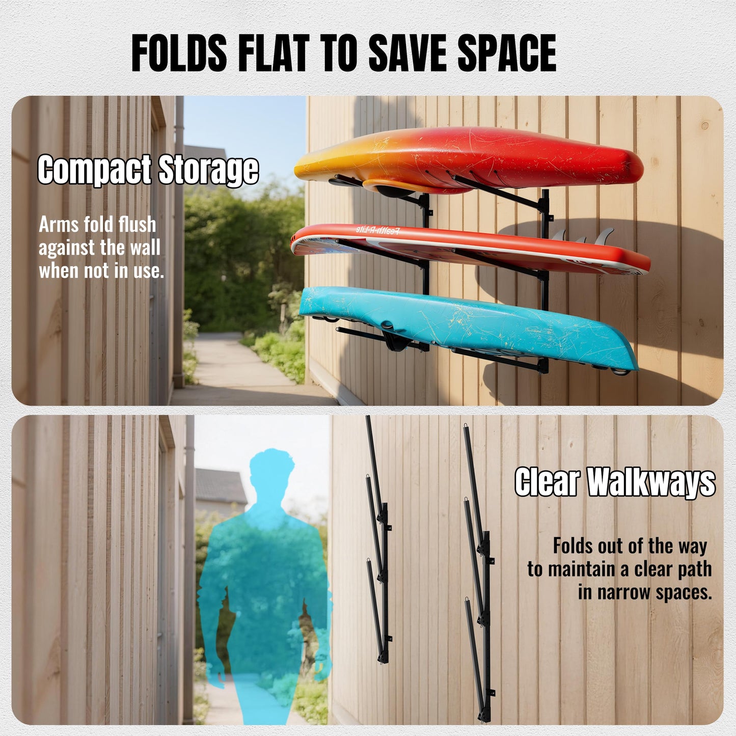 NIMBLERACK Kayak Wall Mount Rack, 45.3" Heavy Duty Canoe Storage Brackets, Foldable Space Saving Hanger, 304 Stainless Steel for Outdoor & Indoor, Fits SUP/Paddle Board(Black, 2-Tier)