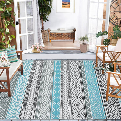GarveeLife Outdoor Patio Rug 9x18 Waterproof Plastic Straw Rug, Reversible UV Resistant Foldable Camping Carpet Portable Modern Geometric Outdoor Floor Mat for Rv, Backyard, Blue/Grey