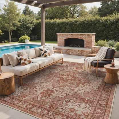 GENIMO Outdoor & Indoor Area Rug 9'x12', Waterproof, Non-Shedding, Easy Cleaning, Boho Mat for Patio, Living Room, Balcony, Dining Room, RV, Deck, Bedroom, Camping, Outside Carpet,Brown Red