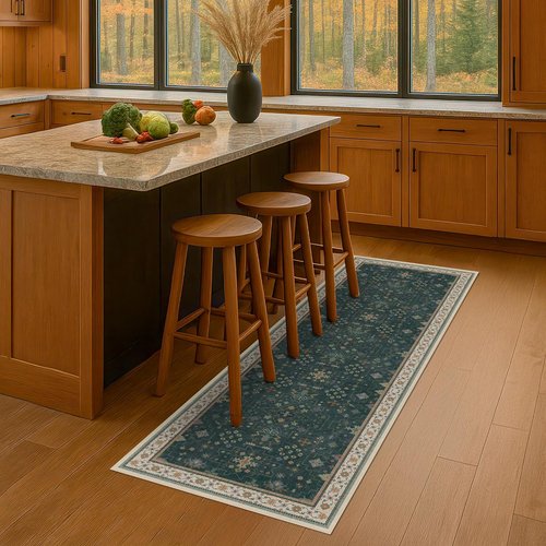 Dark Green Kitchen Rug - Modern Vintage Boho Floral Design | Washable Non-Slip 2x5 Runner for Entryway
