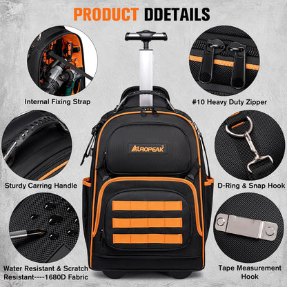 2-In-1 Rolling Tool Backpack Heavy Duty, 47 Pockets Rolling Tool Bag with Wheels, Tool Bag Backpack with Retractable Handle, 1680D, Backpack for Tools HVAC Electrician Construction Worker Mechanic
