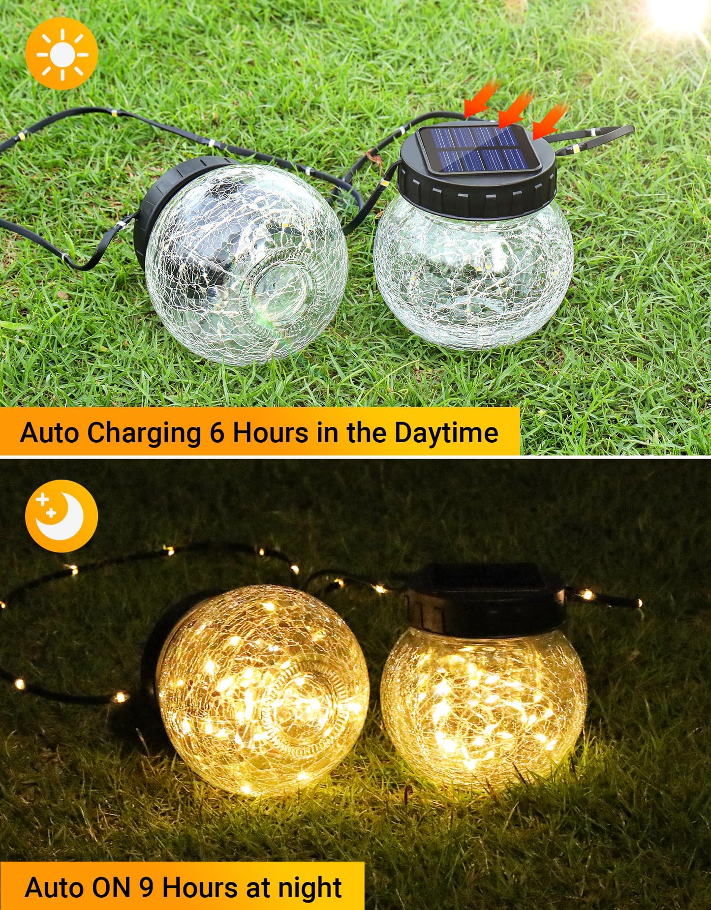 PARTPHONER Solar Lights Outdoor Waterproof 24-Pack, Solar Powered Hanging Lantern Cracked Glass Hanging Globes for Yard Decor Christmas Decoration, Shepherd Hook, Garden Tree Table Ornaments, Warm