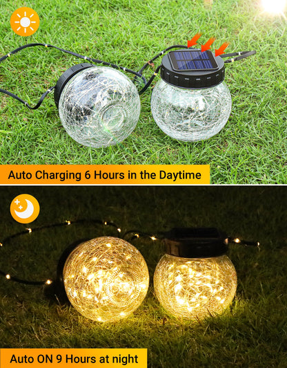 PARTPHONER Solar Lights Outdoor Waterproof 24-Pack, Solar Powered Hanging Lantern Cracked Glass Hanging Globes for Yard Decor Christmas Decoration, Shepherd Hook, Garden Tree Table Ornaments, Warm