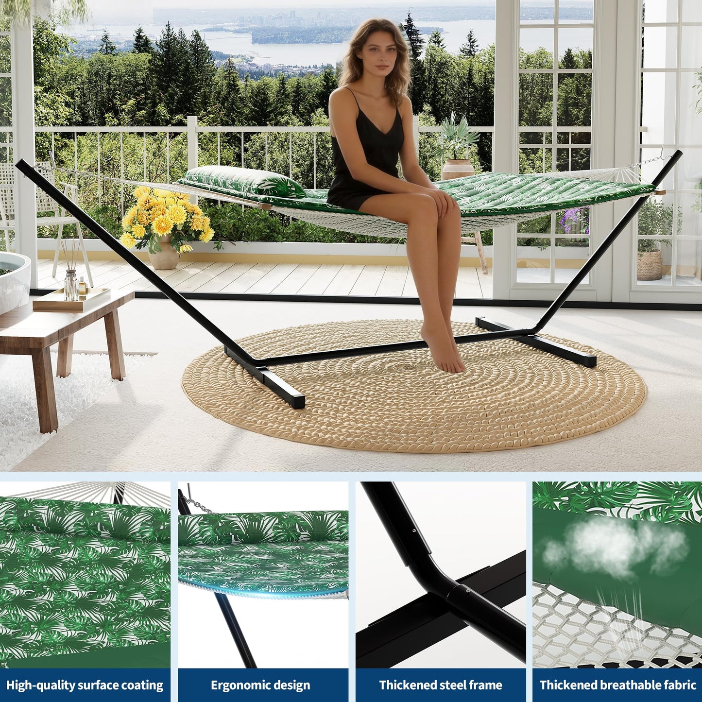 2 Person Outdoor Hammock with Stand, Person Cotton Rope Hammock with Polyester Pad, Portable Hammock with Carrying Bag, for Patio, Garden, Beach, Backyard Camping
