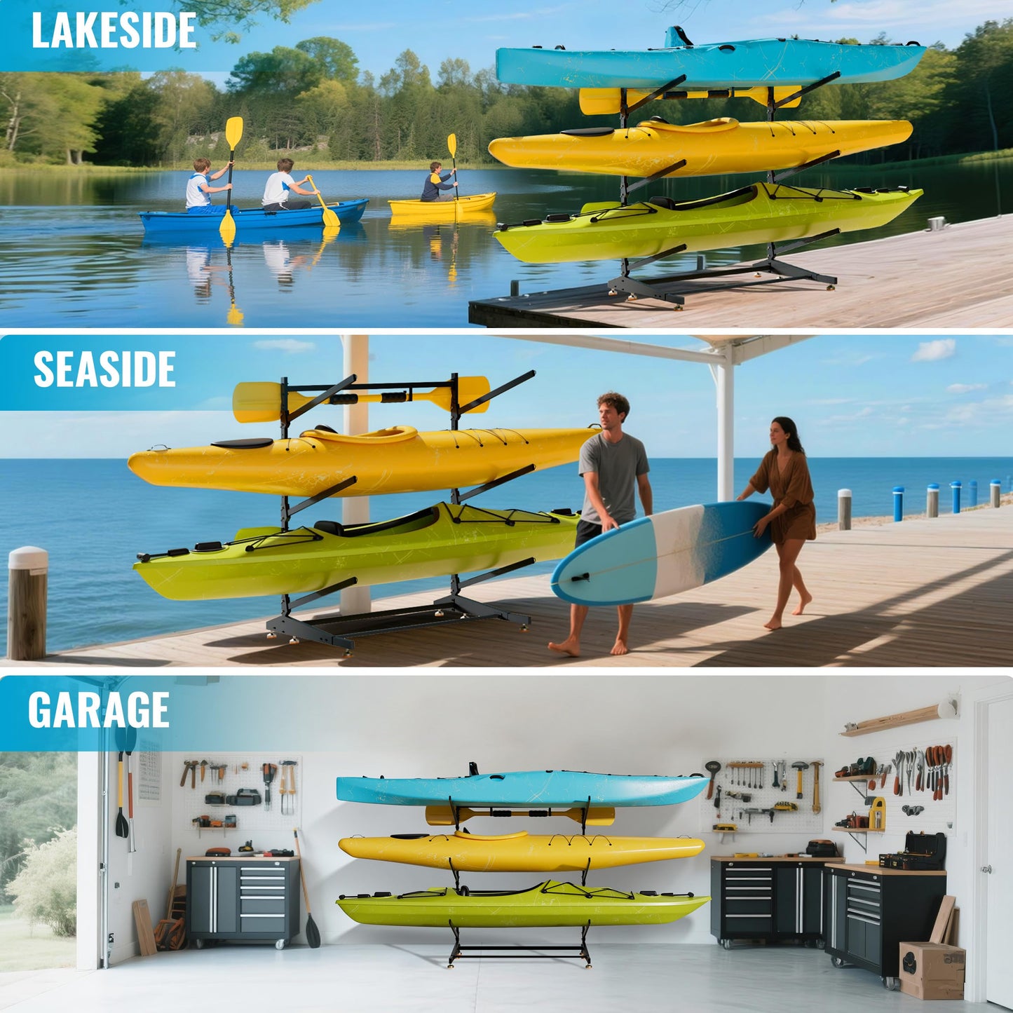 AlloyLake 3-Tier Freestanding Kayak Storage Rack, Heavy Duty Outdoor Canoe Stand for Garage & Dock, 330 lbs Capacity, Rust-Proof 304 Stainless Steel Hardware (Black)