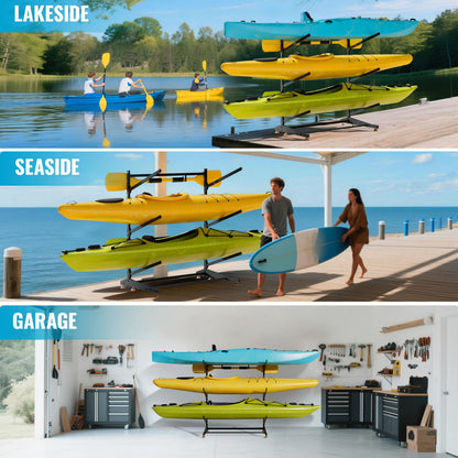 AlloyLake 3-Tier Freestanding Kayak Storage Rack, Heavy Duty Outdoor Canoe Stand for Garage & Dock, 330 lbs Capacity, Rust-Proof 304 Stainless Steel Hardware (Black)