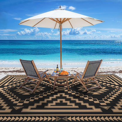 GENIMO Outdoor Rug for Patio Clearance - 10x14 ft Waterproof Plastic Camping Rugs, Reversible Outside Rv Mat Carpet for Porch, Deck, Picnic, Balcony, Beach, Backyard, Black Brown