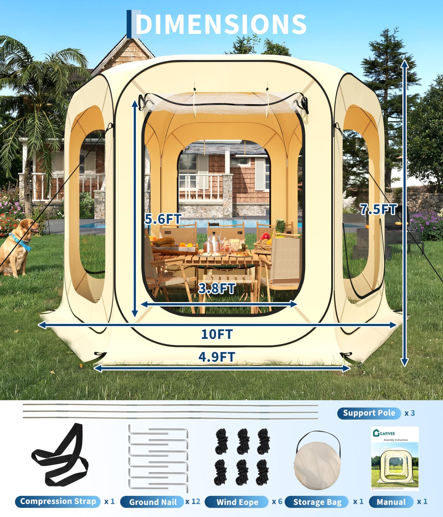 Garvee 10x10 Ft Pop Up Screen Tent, 6-8 Person Portable Screen House Room Instant Bubble Tent Shelter, Rainproof Camping Sun Shelter Coldproof for Patio, Backyard, Deck, Sports Events, Beige