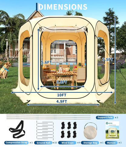 Garvee 10x10 Ft Pop Up Screen Tent, 6-8 Person Portable Screen House Room Instant Bubble Tent Shelter, Rainproof Camping Sun Shelter Coldproof for Patio, Backyard, Deck, Sports Events, Beige