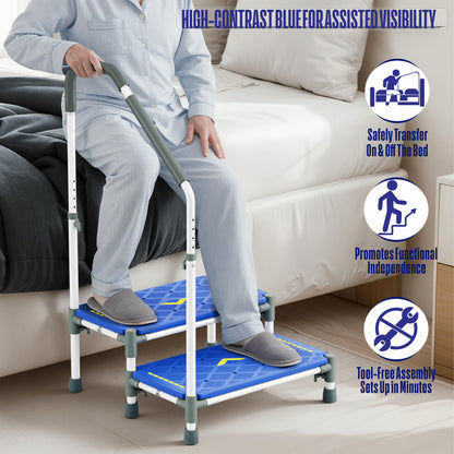 Extra Long Step Stool with Handle for Elderly(22 Inch), Heavy Duty 2 Stepping Stool with Adjustable Handrails for High Beds, Non-Skid Platform Foot Stool for Adults, Seniors, Handicapped (Blue)