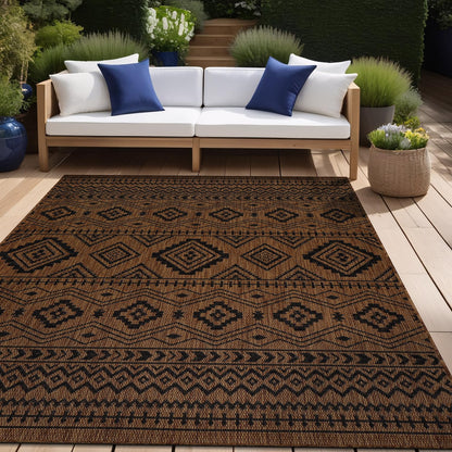 Beverly Rug Waikiki Boho Indoor Outdoor Rug 9x12, Washable Outside Carpet for Patio, Deck, Porch, Bohemian Area Rug, Farmhouse Rugs, Aztec Tribal Rug, Nut Brown and Black