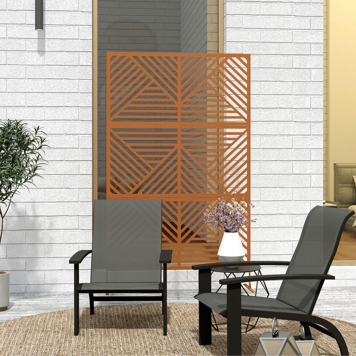 Outsunny Metal Outdoor Privacy Screen, 78" H x 48" W Decorative Privacy Fence Screen, Freestanding Outdoor Divider with Stand, Climbing Plant Trellis for Garden Walkway, Balcony, Patio, Rhombus Brown