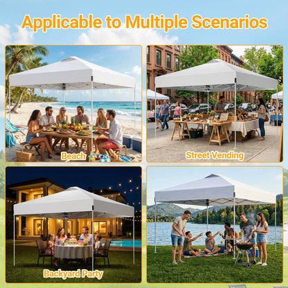 10x10ft Pop Up Canopy, Heavy Duty Beach Tent with Waterproof Silver Coated Top, 3 Heights & 4 Sandbags, Sun Shade with Rolling Bag, Outdoor Tent for Events, Parties, Camping - Silver White