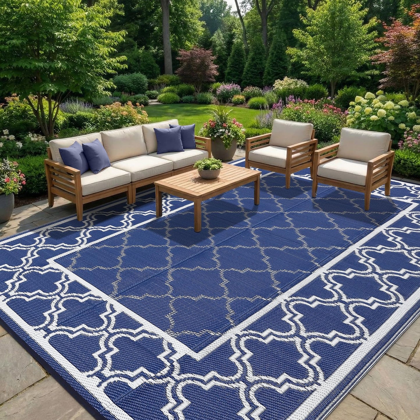 Garvee Reversible Outdoor Rug 10x14, Waterproof Outdoor Plastic Straw Rug with Interlacing Pattern, RV Mat for Picnics, Patio, Camping, Balcony, Deck, Backyard, Porch, Blue