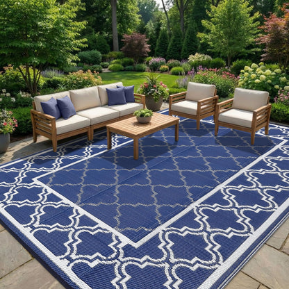 Garvee Reversible Outdoor Rug 10x14, Waterproof Outdoor Plastic Straw Rug with Interlacing Pattern, RV Mat for Picnics, Patio, Camping, Balcony, Deck, Backyard, Porch, Blue