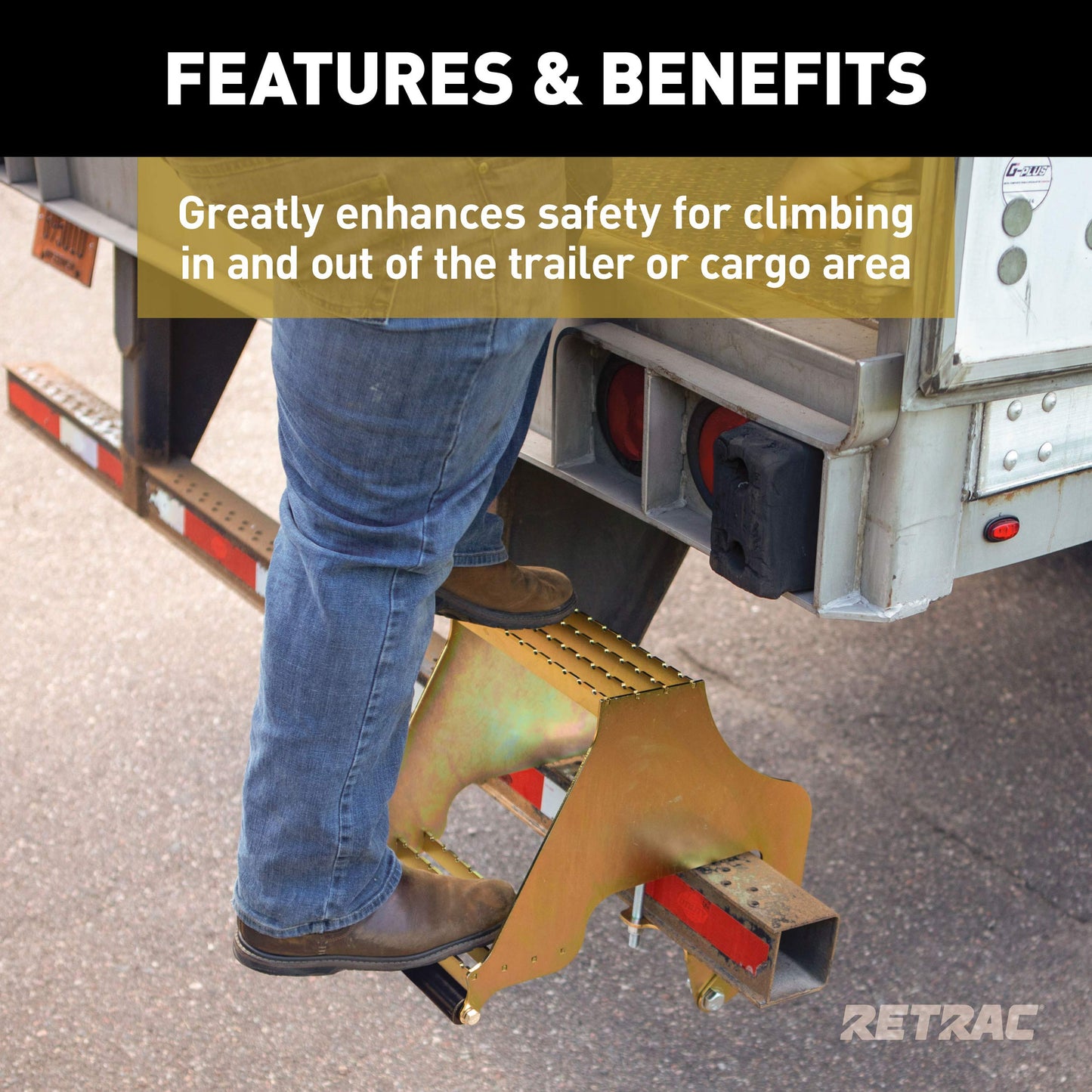 RETRAC 409924 Highrise Folding Rear Semi Truck Steps with Auto-Stow, Fits 4-Inch Bumper Beam, Steel, 600 lbs, Semi Trailers, Box Trucks