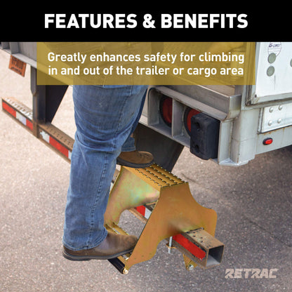 RETRAC 409924 Highrise Folding Rear Semi Truck Steps with Auto-Stow, Fits 4-Inch Bumper Beam, Steel, 600 lbs, Semi Trailers, Box Trucks