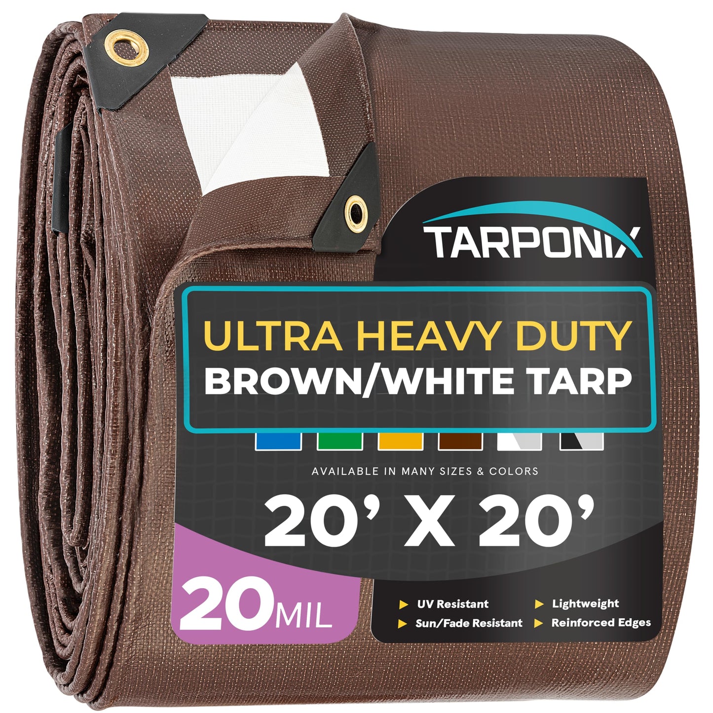 Tarponix 20' x 20' Ultra Heavy Duty Tarp – 20 Mil Brown/White Waterproof Outdoor Cover, UV Protection, Reinforced Corners, Ideal for Camping, Tent, and Outdoor Use