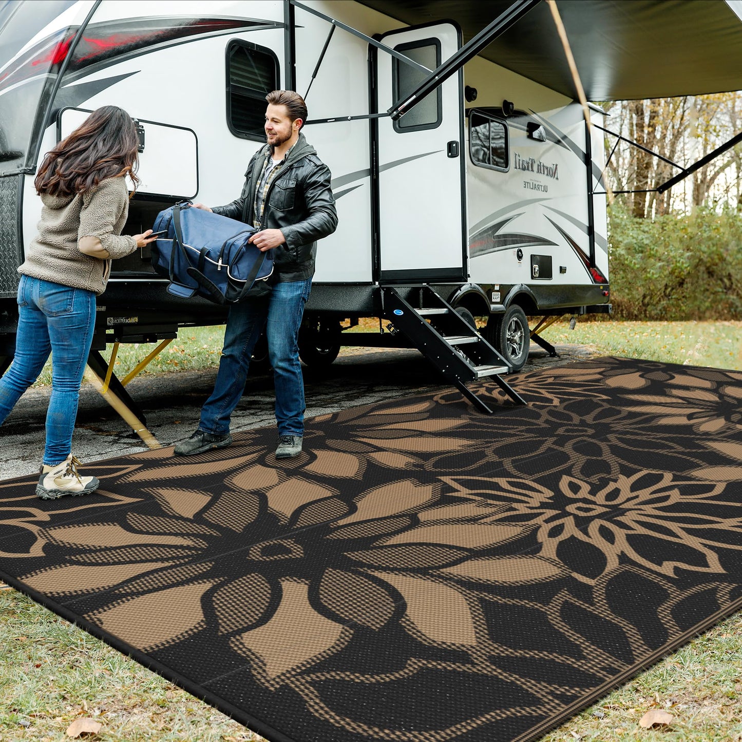 GENIMO Outdoor Rug Waterproof for Patio Decor, 10' x 20' Reversible Plastic Straw Floral Camping Carpet, Large Area Rugs Mats for RV, Camper, Deck, Balcony, Porch, Beach, Picnic, Black & Brown