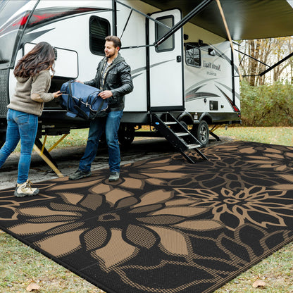 GENIMO Outdoor Rug Waterproof for Patio Decor, 10' x 20' Reversible Plastic Straw Floral Camping Carpet, Large Area Rugs Mats for RV, Camper, Deck, Balcony, Porch, Beach, Picnic, Black & Brown