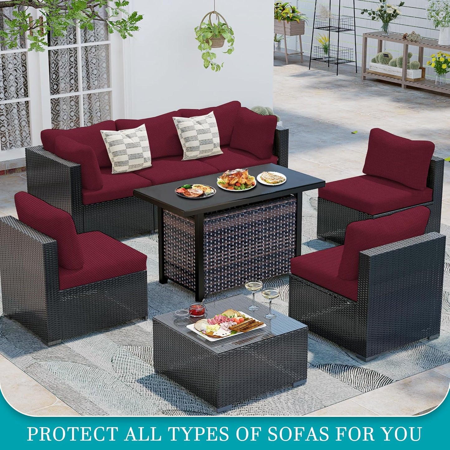 Skiennix 14-Piece Stretch Patio Cushion Covers - Washable Outdoor Sofa Slipcovers | Wine Red