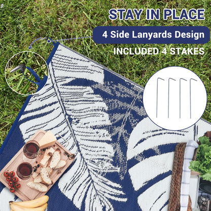 IDEALHOUSE Outdoor Rug 9x18 Ft, Waterproof Plastic Reversible Rug, Modern Leaf Pattern Plastic Camping Mat for Outdoors, RV, Patio, Backyard, Deck, Picnic, Beach, Traile(Dark Blue & White)