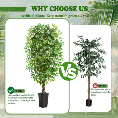 Artificial Ficus Tree 6FT Faux Plants Indoor Tall Fake Plants with Black Square Planter, Green Lifelike Lush Fake Ficus Tree for Home Living Room Bedroom Outdoor Balcony House Office Decor
