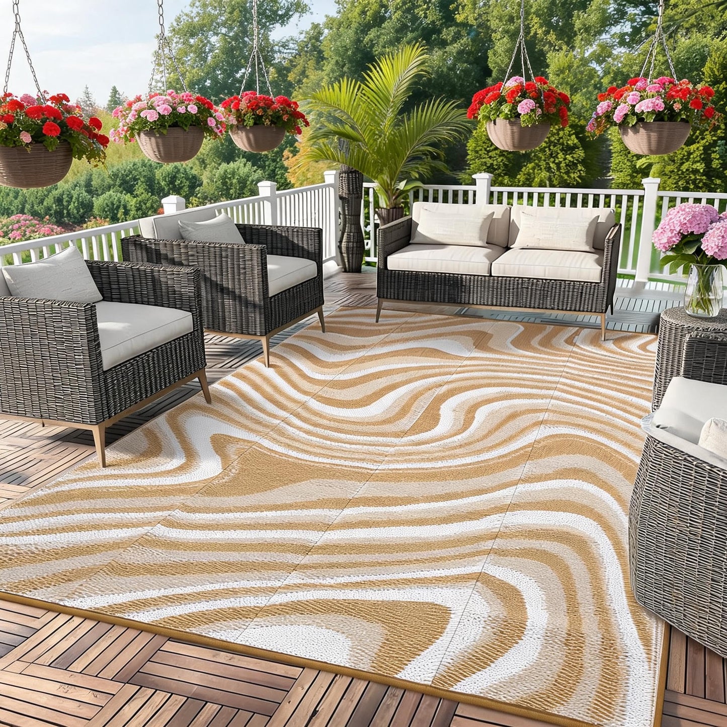 MilleLoom 10x20 Large Outdoor Patio Rug Modern Abstarct Plastic Straw Outdoor Rugs Waterproof Foldable UV Resistant Camping Reversible Mats for Deck, Camper, Balcony, Beach, Rv，Brown/Coffee/White