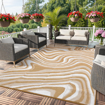 MilleLoom 10x20 Large Outdoor Patio Rug Modern Abstarct Plastic Straw Outdoor Rugs Waterproof Foldable UV Resistant Camping Reversible Mats for Deck, Camper, Balcony, Beach, Rv，Brown/Coffee/White