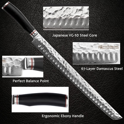 YOUSUNLONG Sakimaru Knife 15 inch(380mm) Ultimate Japanese Damascus Steel Fillet Knives Suitable for cutting tuna and salmon-Natural Ebony Handle With Leather Sheath