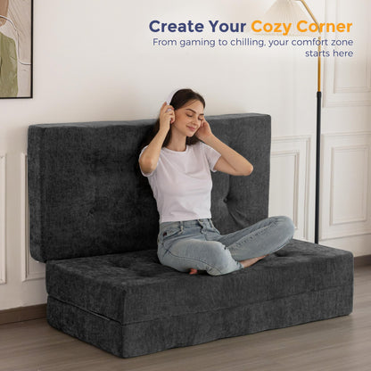 MAXYOYO 6" Folding Sofa Bed for Floor, Tufted Tri-Fold Floor Couch Bed with Chenille Fabric, Full Size Portable Sofa Couch Guest Mat for Adults, Foldable Topper for Camping, Dark Grey, 53"x75"