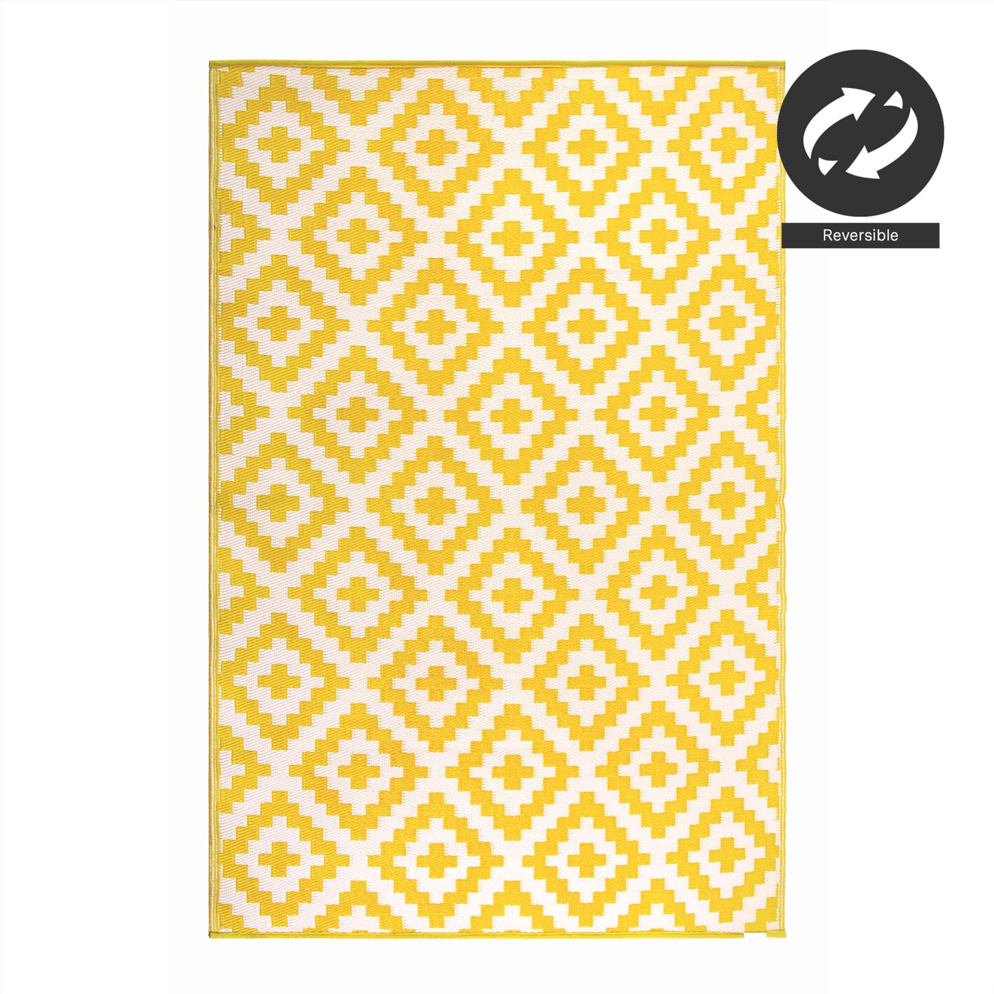 FH Home Outdoor Camping Rug - Waterproof, Fade Resistant, Reversible - Premium Recycled Plastic - Geometric - Large Patio, Deck, Sunroom, RV - Aztec - Yellow & White - 9 x 18 ft Foldable