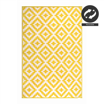 FH Home Outdoor Camping Rug - Waterproof, Fade Resistant, Reversible - Premium Recycled Plastic - Geometric - Large Patio, Deck, Sunroom, RV - Aztec - Yellow & White - 9 x 18 ft Foldable