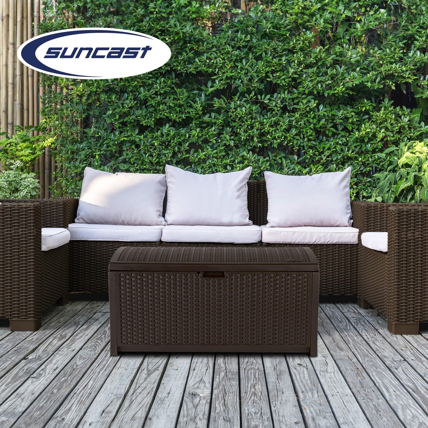 Suncast Outdoor Storage Box - 73 Gallon Mocha Brown Deck Box for Patio, weather-resistant Outdoor Storage Bench, Resin Wicker Style, Heavy-Duty, Lockable Lid for Cushions, Shoes, Pool & Garden Gear