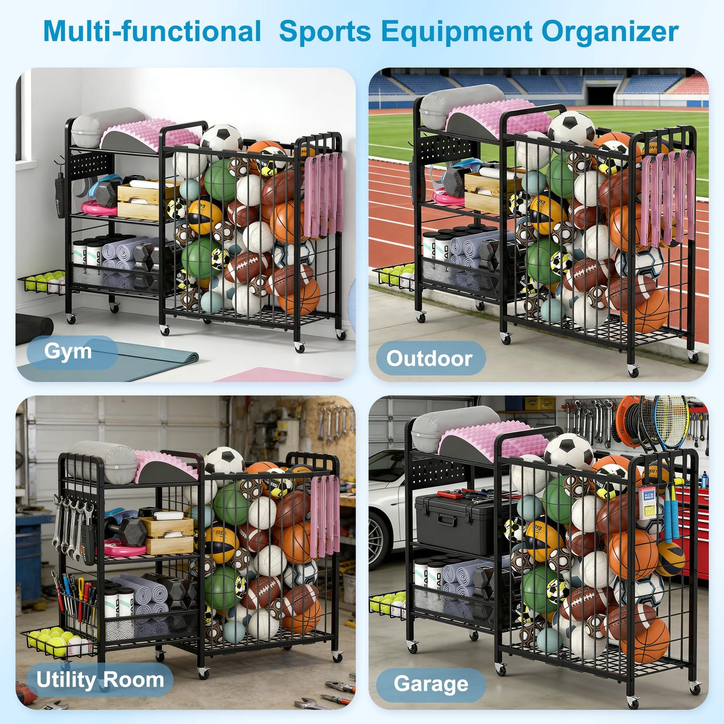 DUDUXI Sports Equipment Garage Organizer,Garage Ball Storage Rack for Sports with Wheels-Upgraded 3 Layers Organizer Rack Outdoor Basketball Racks for Balls with Holder and Hooks (Deep Black)