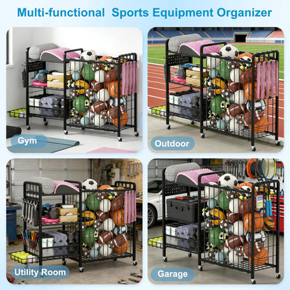DUDUXI Sports Equipment Garage Organizer,Garage Ball Storage Rack for Sports with Wheels-Upgraded 3 Layers Organizer Rack Outdoor Basketball Racks for Balls with Holder and Hooks (Deep Black)