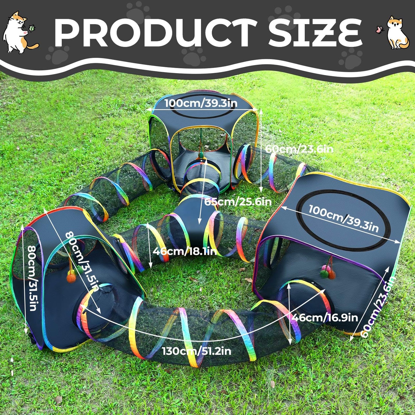 CypherX Outdoor Rainbow Cat Enclosure, 7-in-1 Portable Pop Up Cat Tents and Tunnels for Outside, Outdoor Catio Mesh Pet Playpen House, Large Playground for Large Cats and Other Animals