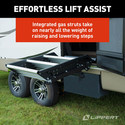 Lippert Solid Step 4.0 Premium Triple RV Camper Entry Steps with Lift Assist Gas Struts, 26" Step Width, XL Top Tread, 8" Rise, 500-lb. Weight Capacity, Adjustable Legs, Recessed Feet - 2024056998