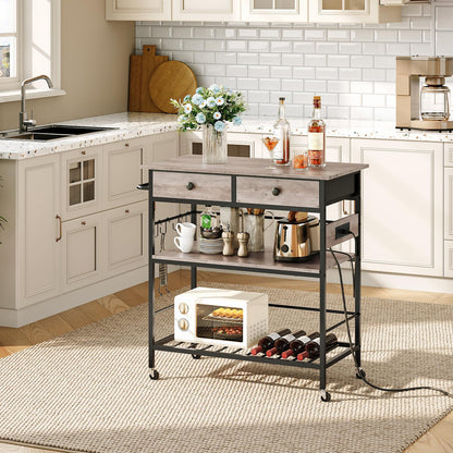 HOOBRO Kitchen Island with Storage, Rolling Island Cart for Kitchen with 2 Drawers & Outlet, 3 Tier Coffee Station and Microwave Stand, Kitchen Island Table for Home, Greige BG08UZD01