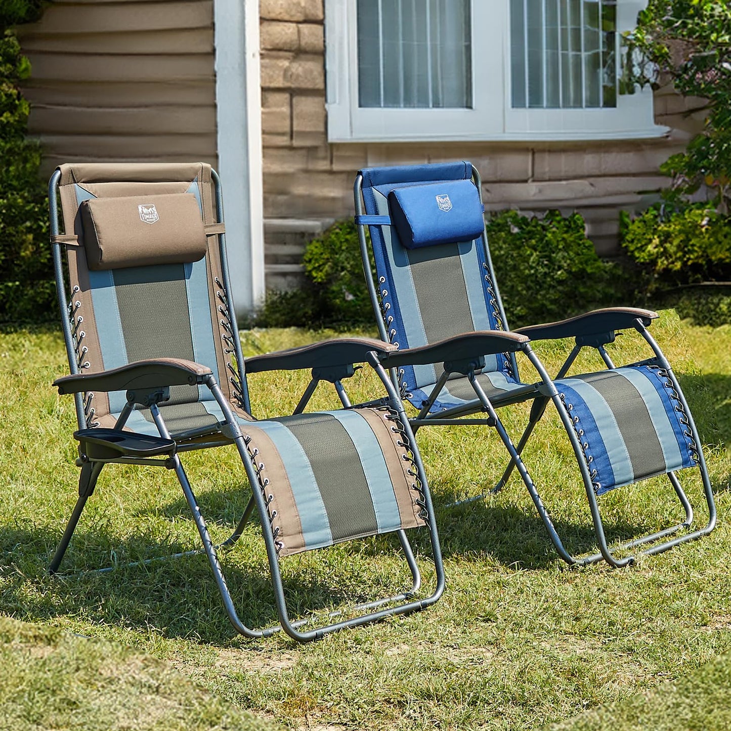 TIMBER RIDGE Outdoor Reclining Padded with Adjustable Headrest and Cup Holder Foldable Zero Gravity Lawn Chair for Adults, Supports 350 LBS, Brown-2 Pack