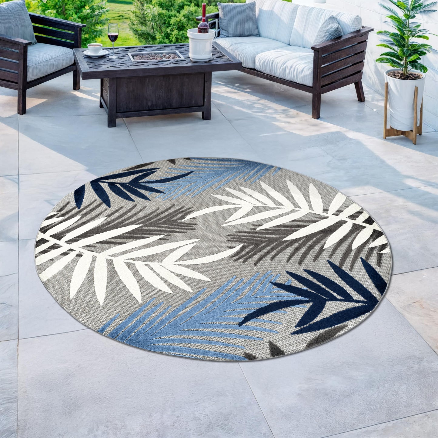 Rugshop Blue Palm Frond Indoor/Outdoor Round Area Rug Easy Cleaning for Patio, Deck and Seating Area, 6' Round