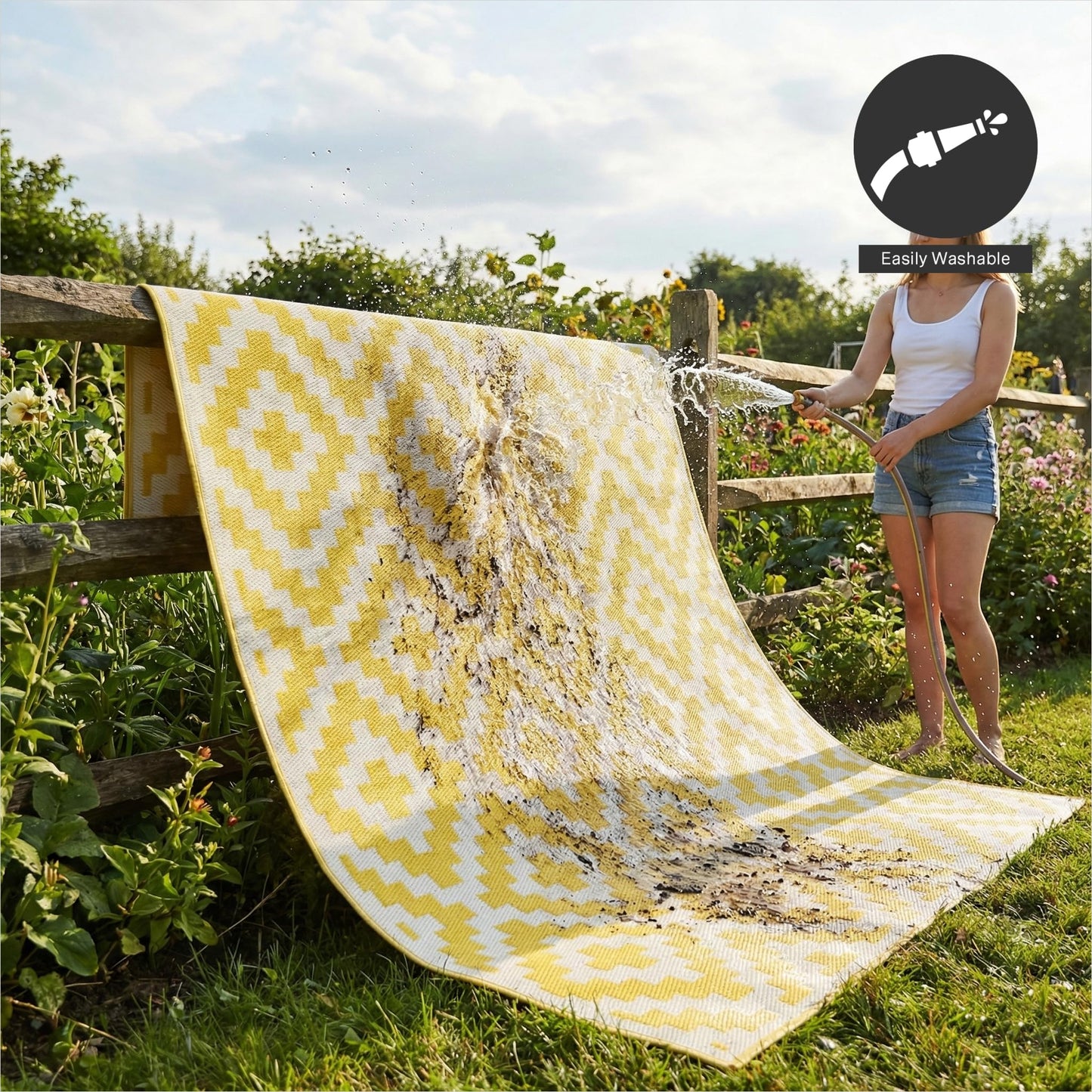 FH Home Outdoor Camping Rug - Waterproof, Fade Resistant, Reversible - Premium Recycled Plastic - Geometric - Large Patio, Deck, Sunroom, RV - Aztec - Yellow & White - 9 x 18 ft Foldable