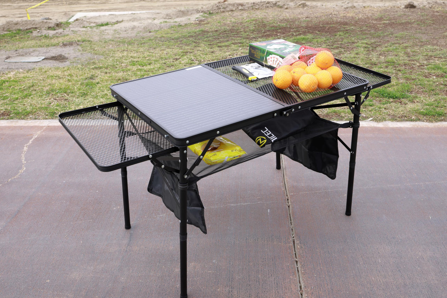 Nice C Camping Table, Ourdoor Folding Grill Table, Tailgate Tables, Solar Panel Tables with USB Type-C&DC Charging Cable, 42W Portable Solar Charger, 2 Side Shelves, with Mesh Net&Cup Holders