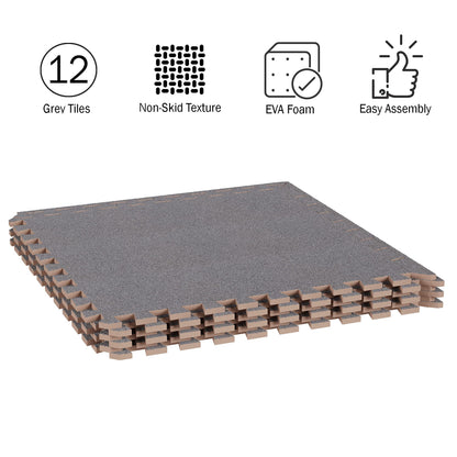 Foam Flooring Tiles - 12-Pack Interlocking EVA Foam Pieces - Non-Toxic Floor Padding for Playroom, Gym, or Basement by Stalwart (Gray)