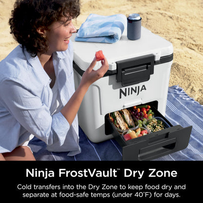 Ninja | Cooler | FrostVault 30QT Cooler with Wheels | Insulated with Temp Dry Storage Drawer | Keeps Ice Cold for Days | for the Beach, Camping, Picnics & More | Cloud White | FB230WH