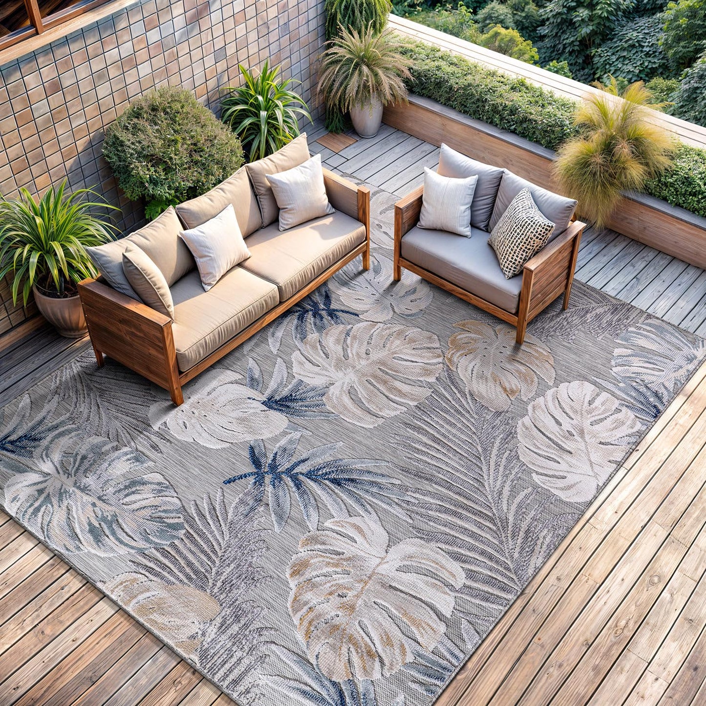 CAMILSON Indoor Outdoor Rug, Blue 7’10”x10’ Leaf Tropical Botanical Area Rugs for Indoor and Outdoor patios, Easy-Cleaning Non-Shedding Living Room, Garden and Kitchen Washable Outside Carpet (8x10)
