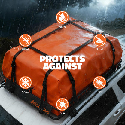 Mockins 50"x36"x4.5" Extendable Rooftop Cargo Carrier & 18 CuFt Orange Waterproof Roof Cargo Bag | 250 Lbs. Capacity Weatherproof SUV & Car Roof Rack Basket with Car Top Carrier Bag & Accessories