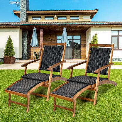 COSTWAY Patio Folding Rattan Lounge Chair, Acacia Solid Wood Frame, Low Deck Chair with Convenient Retractable Footrest, 24” x 51.5” x 32.5”